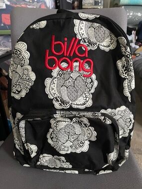 Billabong Black Backpack with White Floral Print and Red Logo